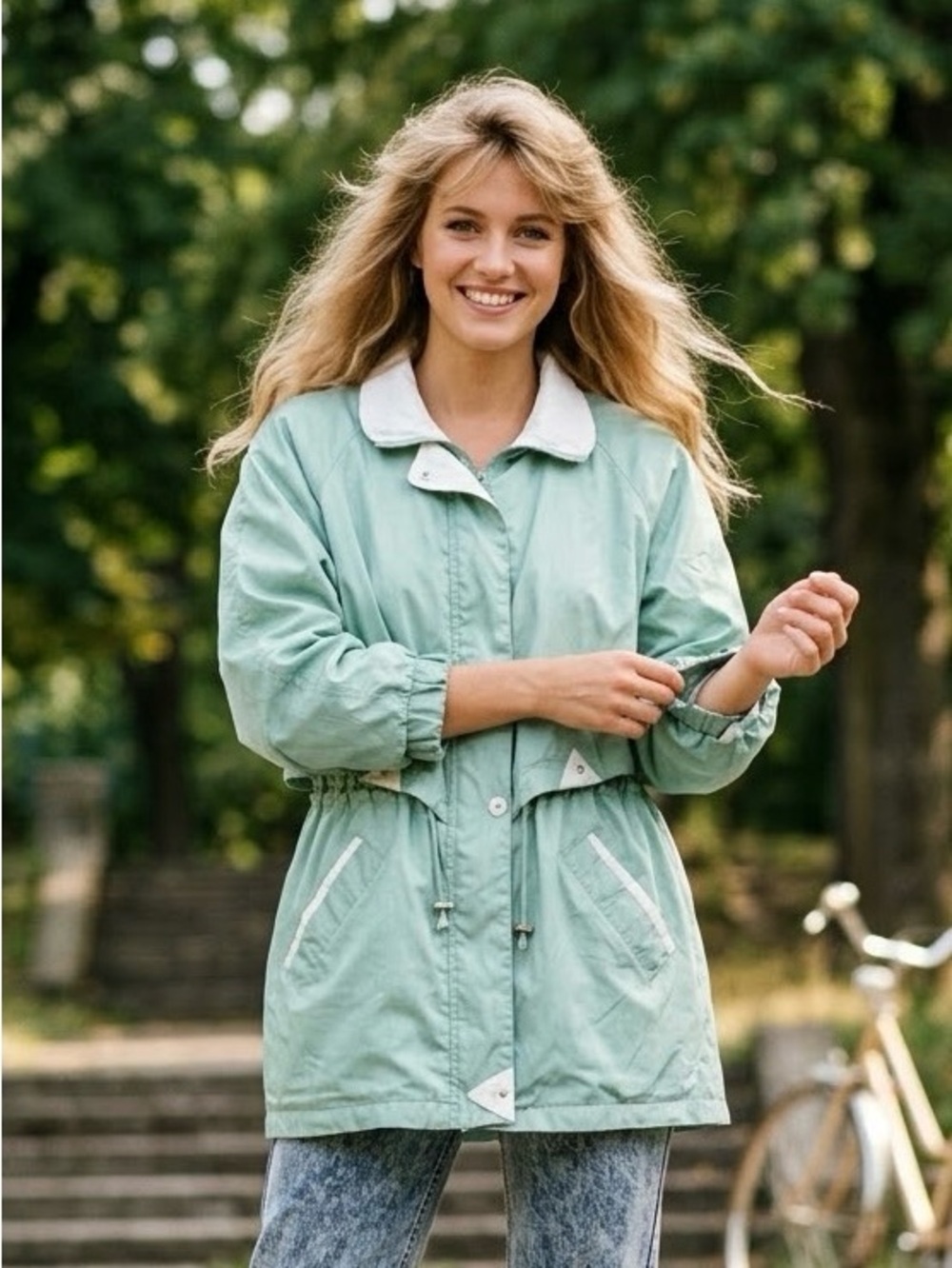 |VTG| OUTBROOK Women’s 80s Seafoam Green Longline Windbreaker Jacket XL